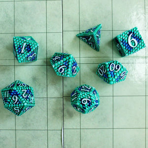 Mystery Dice Goblin: Green & Blue Dragon Scale Metal Polyhedral Dice Set (7)