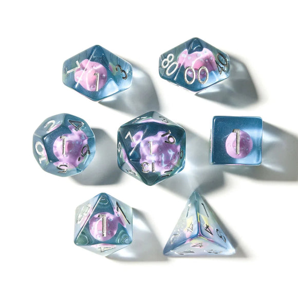 Polyhedral Dice Set: Pink Mushies Resin Inclusion (7)