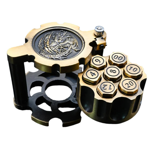 Polyhedral Dice Set Bullet: Ancient Gold Hexchamber Spinning Revolver Case