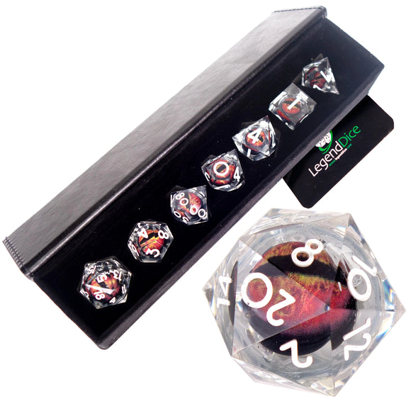Polyhedral Dice Set: Liquid Core in Case - Blood Red Eye (7)