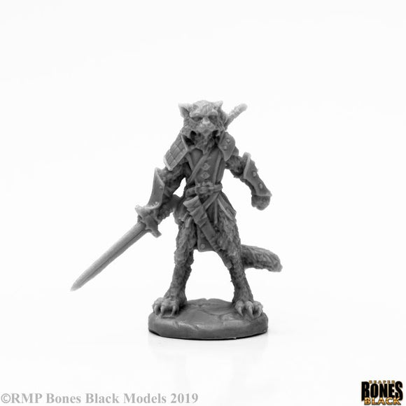 Reaper 44117: Mal, Catfolk Warrior - Bones Black Plastic Miniature