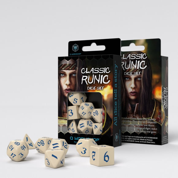 Classic Runic Beige & Blue Polyhedral Dice
