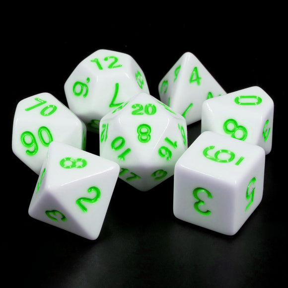 Opaque Poly Dice Set - White with Green Font