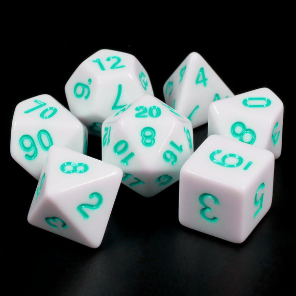 Opaque Poly Dice Set - White with Teal Font